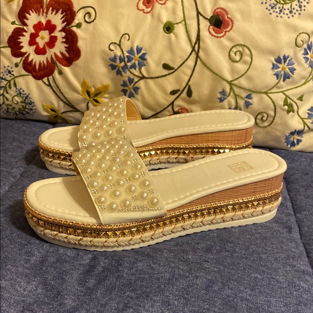 Gold and White Sandals with Espadrille Platform Faux Pearls
